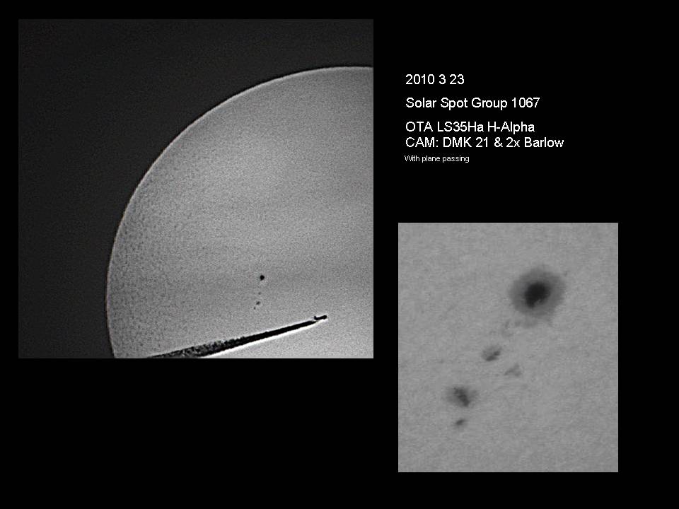 20100323 plane passing sun disk & spots